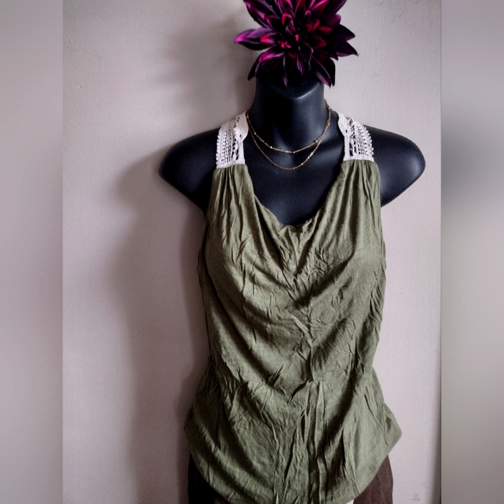 Army Green Lace Accent Racerback Tank